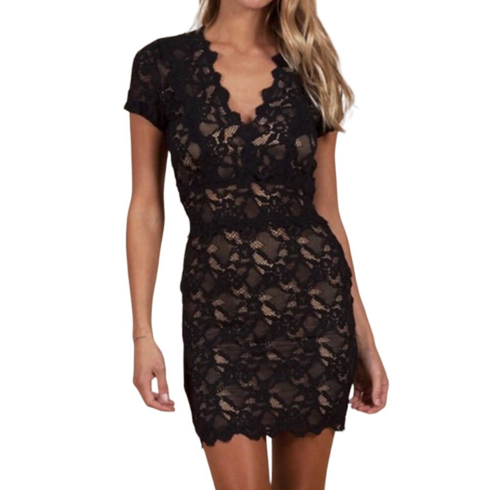 Nightcap Black Debut Cap Sleeve Lace V Neck Mini Dress